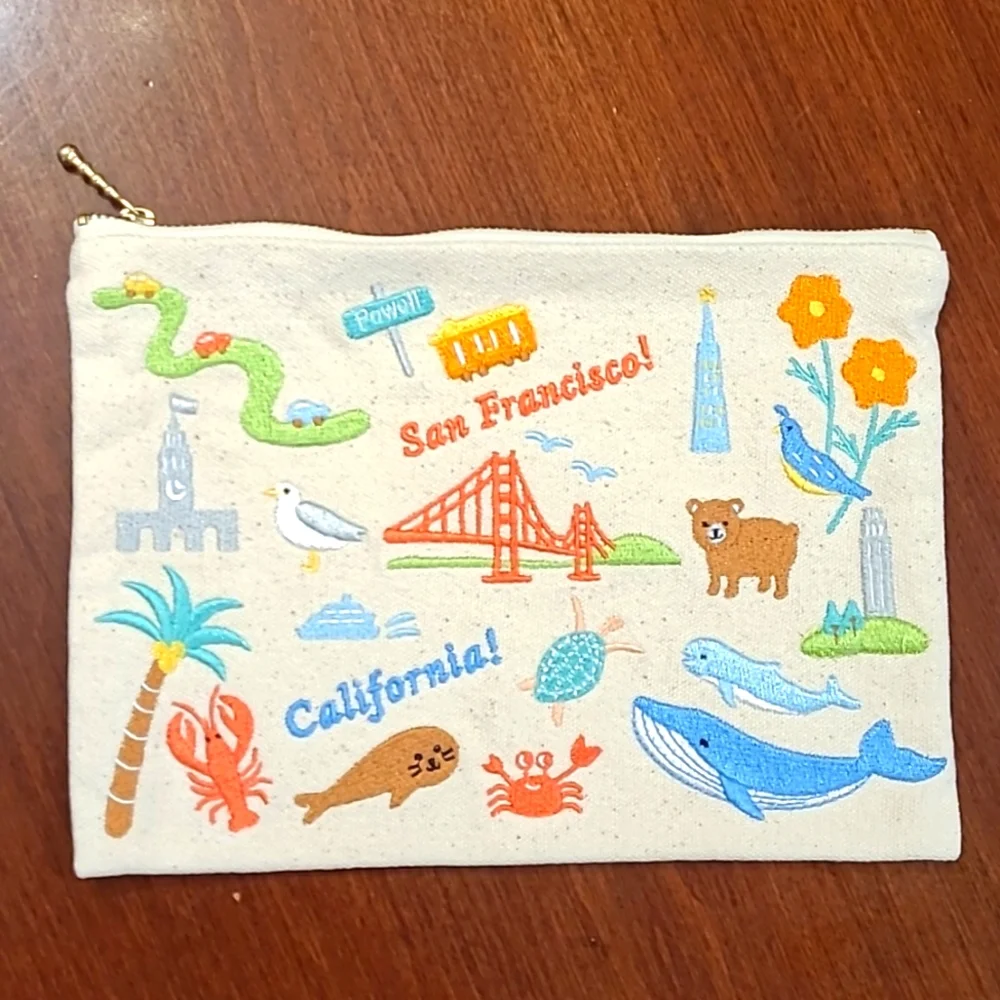 Anthropologie Canvas Embroidered San Francisco! Makeup Bag - NEW